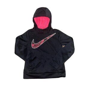 NIKE Therma Girls Black Pink Swoosh Hoodie Sweatshirt Jacket Dri-Fit Medium EUC